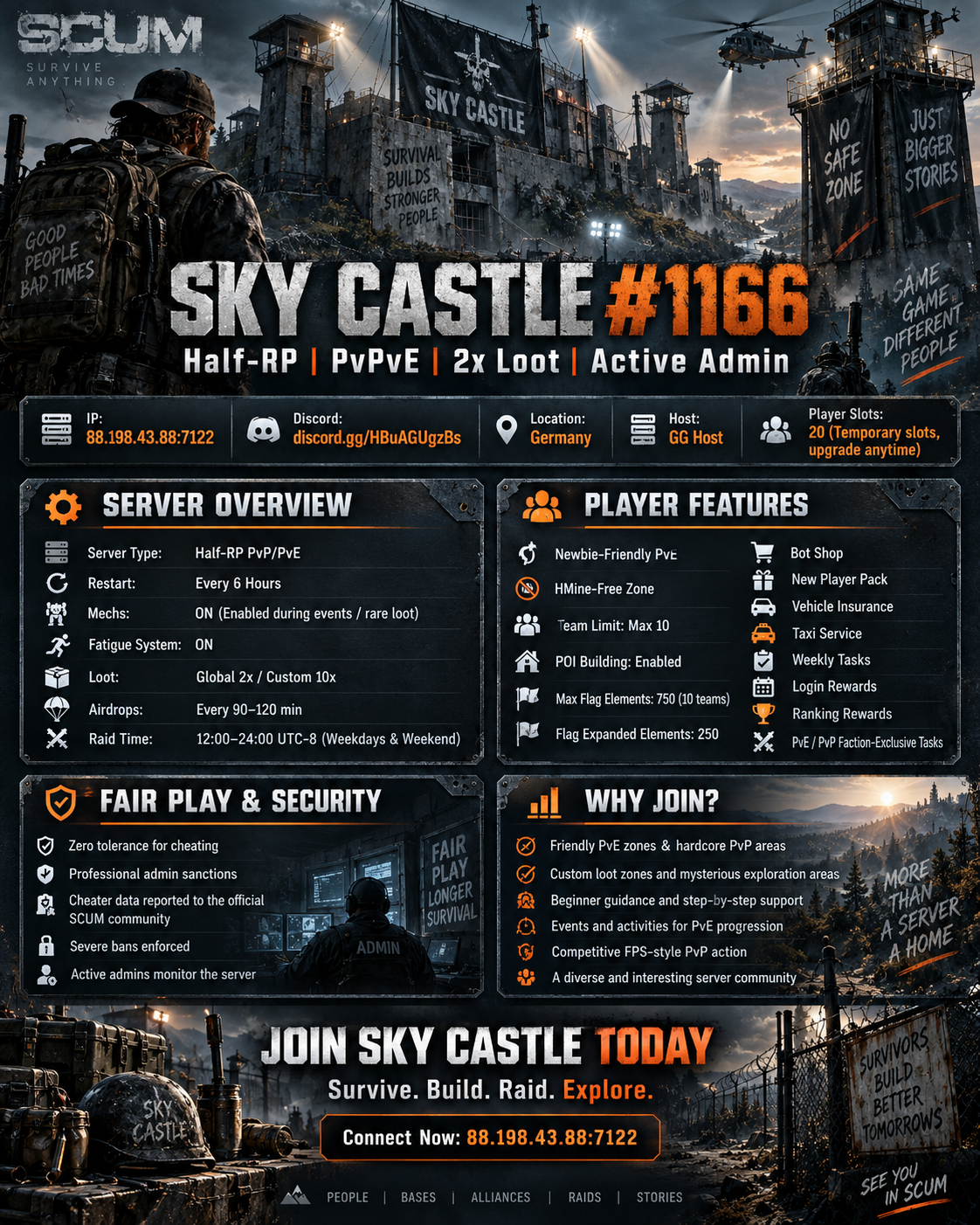 Sky Castle #1166 | Half-RP | PvPvE | 2x Loot | ActiveAdmin - Scum Server