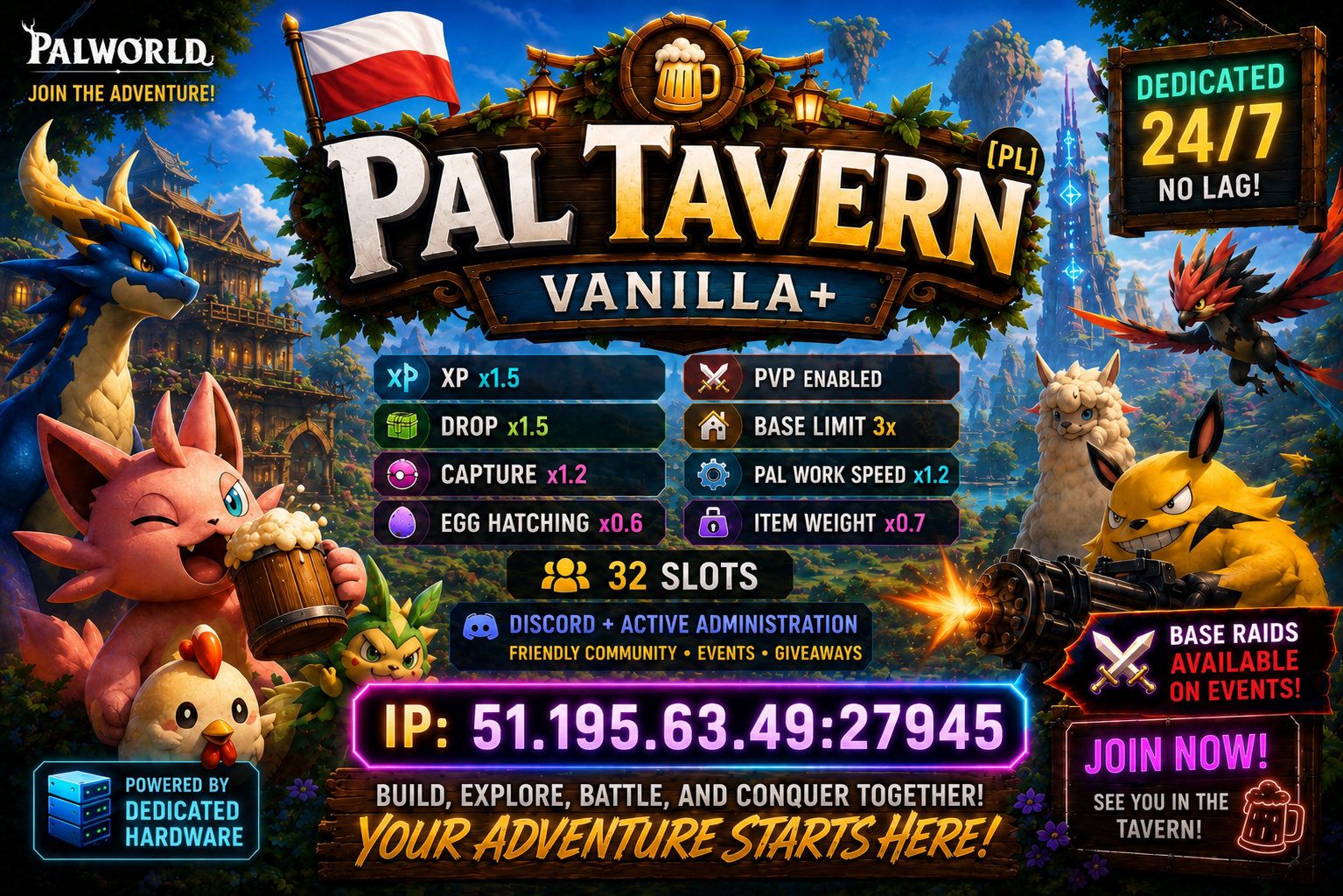 Pal Tavern [PL] Vanilla+ | XP x1.5 | Drop x1.5 | Capture x1.2 | Egg x0.5 | 24/7 - Palworld Server