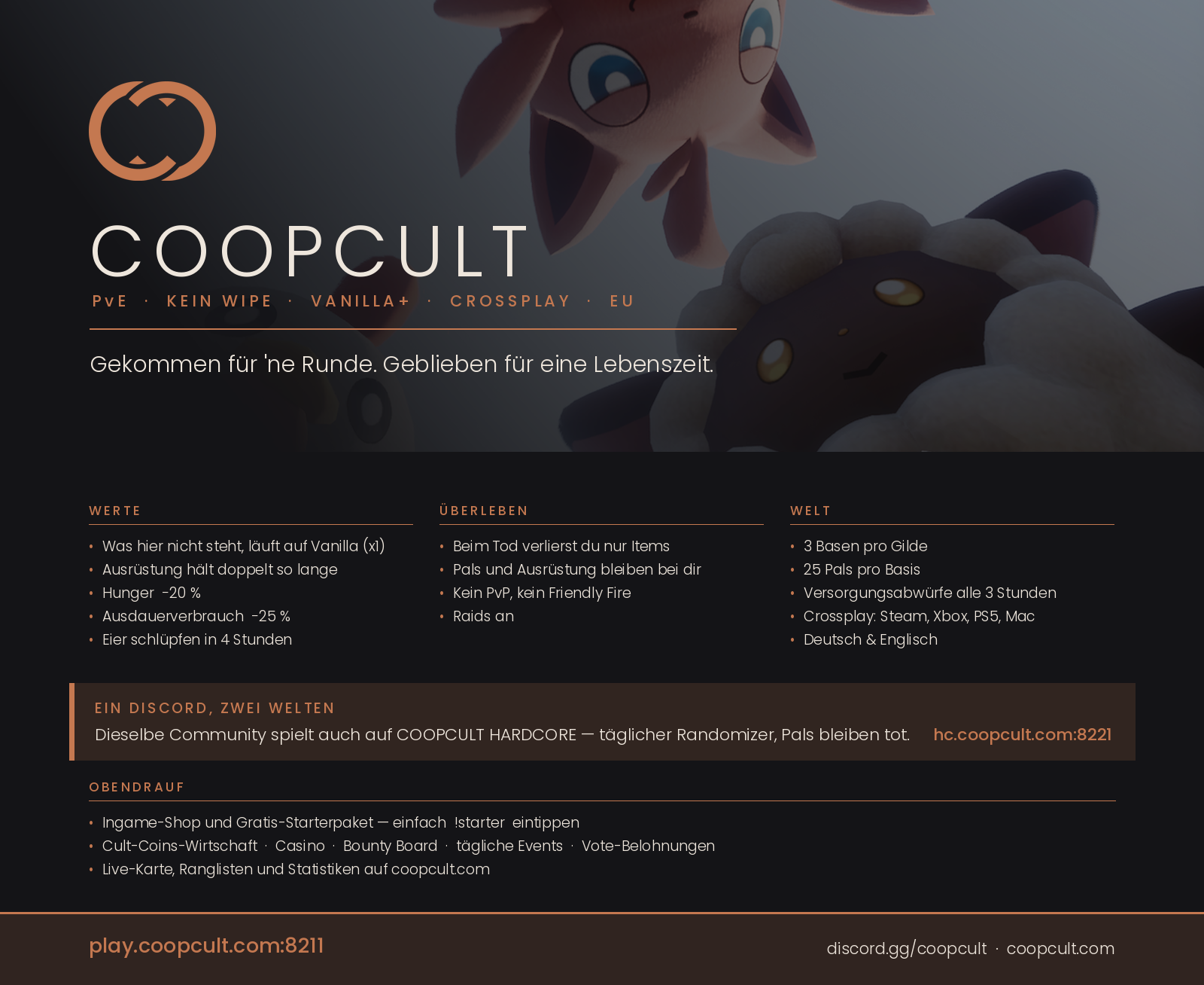 (NEW) COOPCULT · Kein Wipe · PvE · Täglich Events · Shop (DE/EN) - Server Palworld