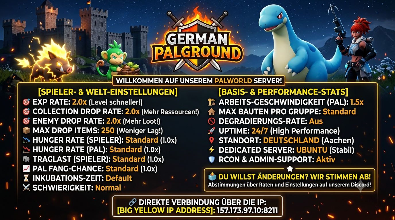 German FairPalGround | EU PvE Crossplay (PC/Xbox/PS5) | 2x Rates - Server Palworld