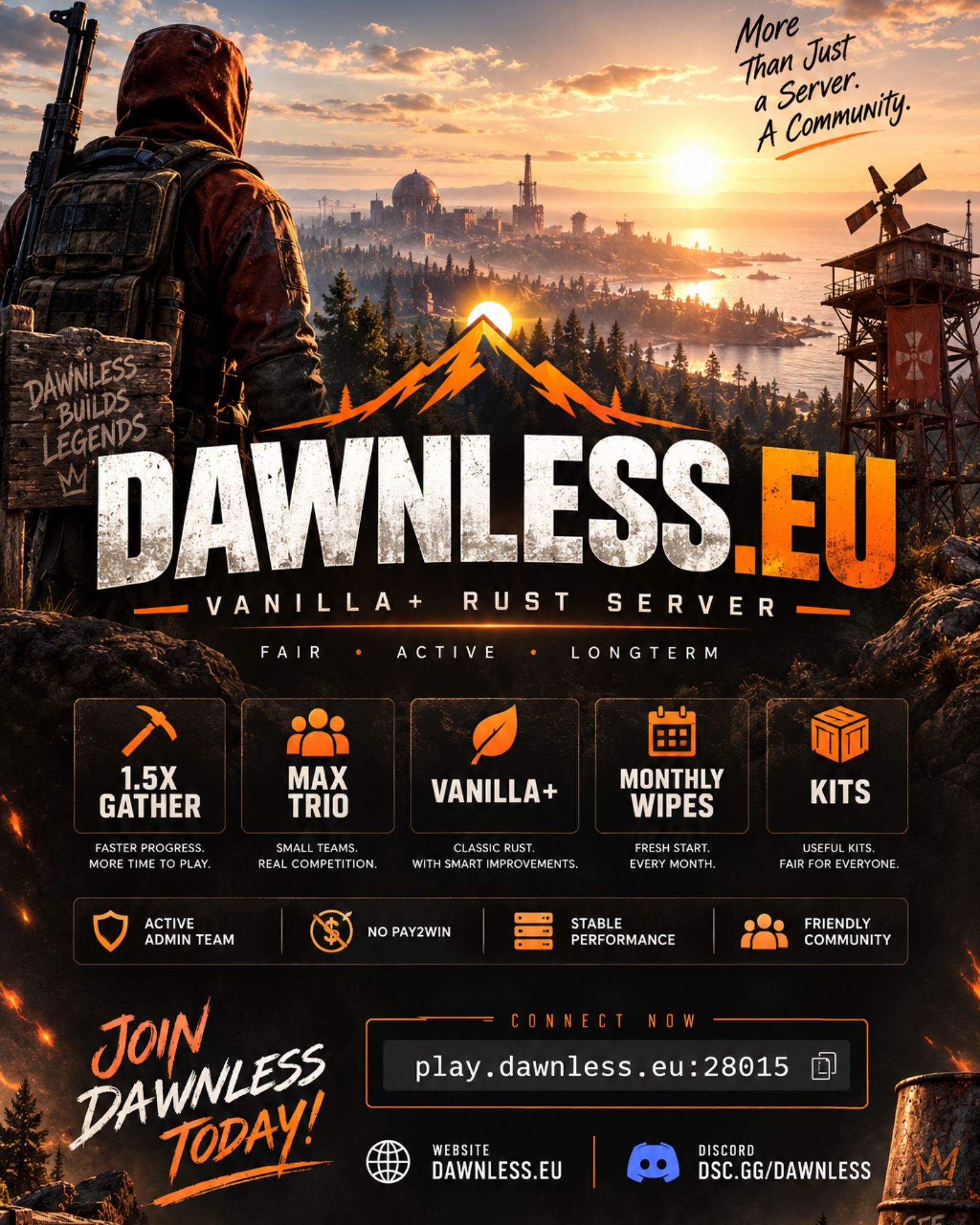 DAWNLESS.EU | 1.5X | MAX TRIO | MONTHLY | VANILLA+ - Server Rust