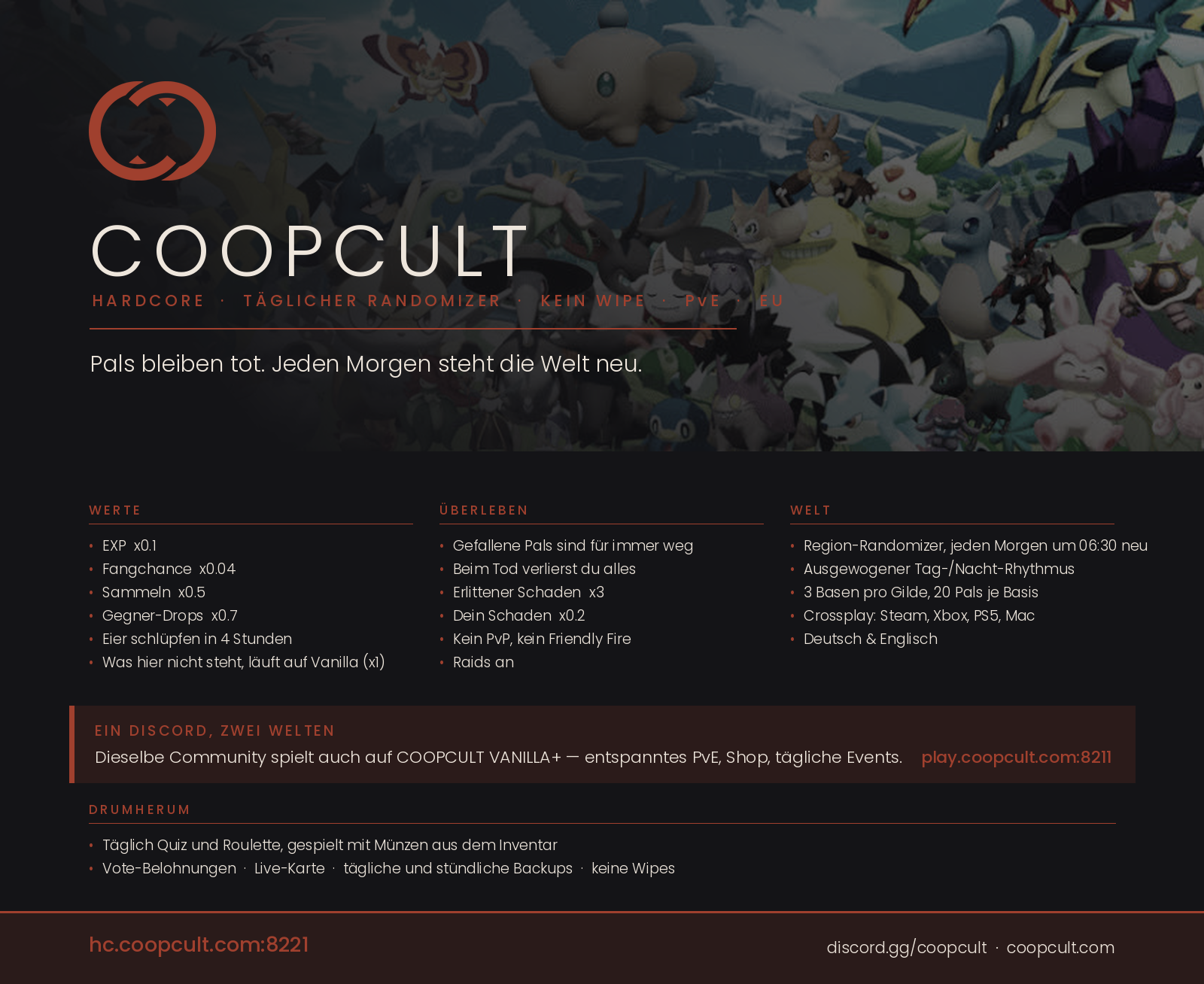 (NEW) COOPCULT HARDCORE · Täglicher Randomizer (DE/EN) - Server Palworld