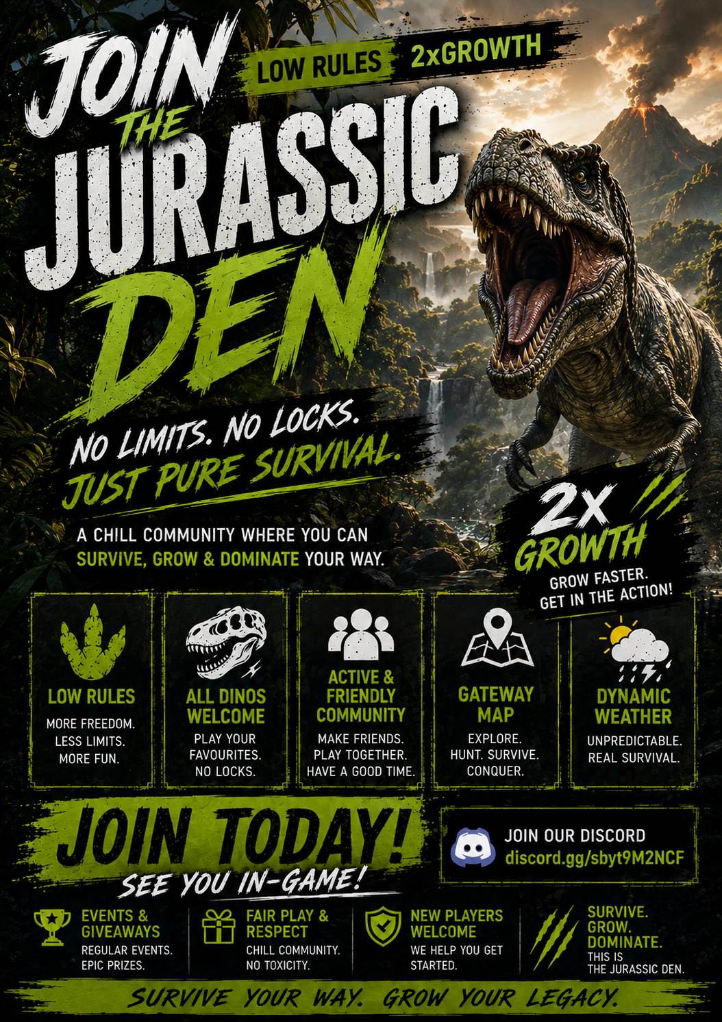 [EU #1] THE JURASSIC DEN - LOW RULES - 2xGROWTH - The isle Server