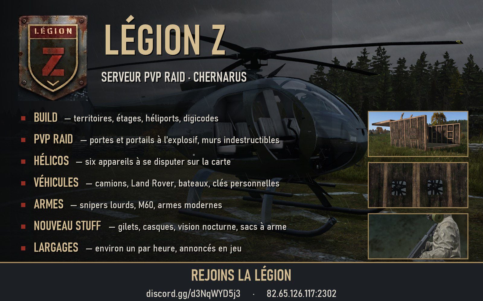 Legion Z [FR] : PVP/ Raid/ 1 PP / + Loot/ + Armes/ + Equipement/ + Rangement - Serveur Dayz