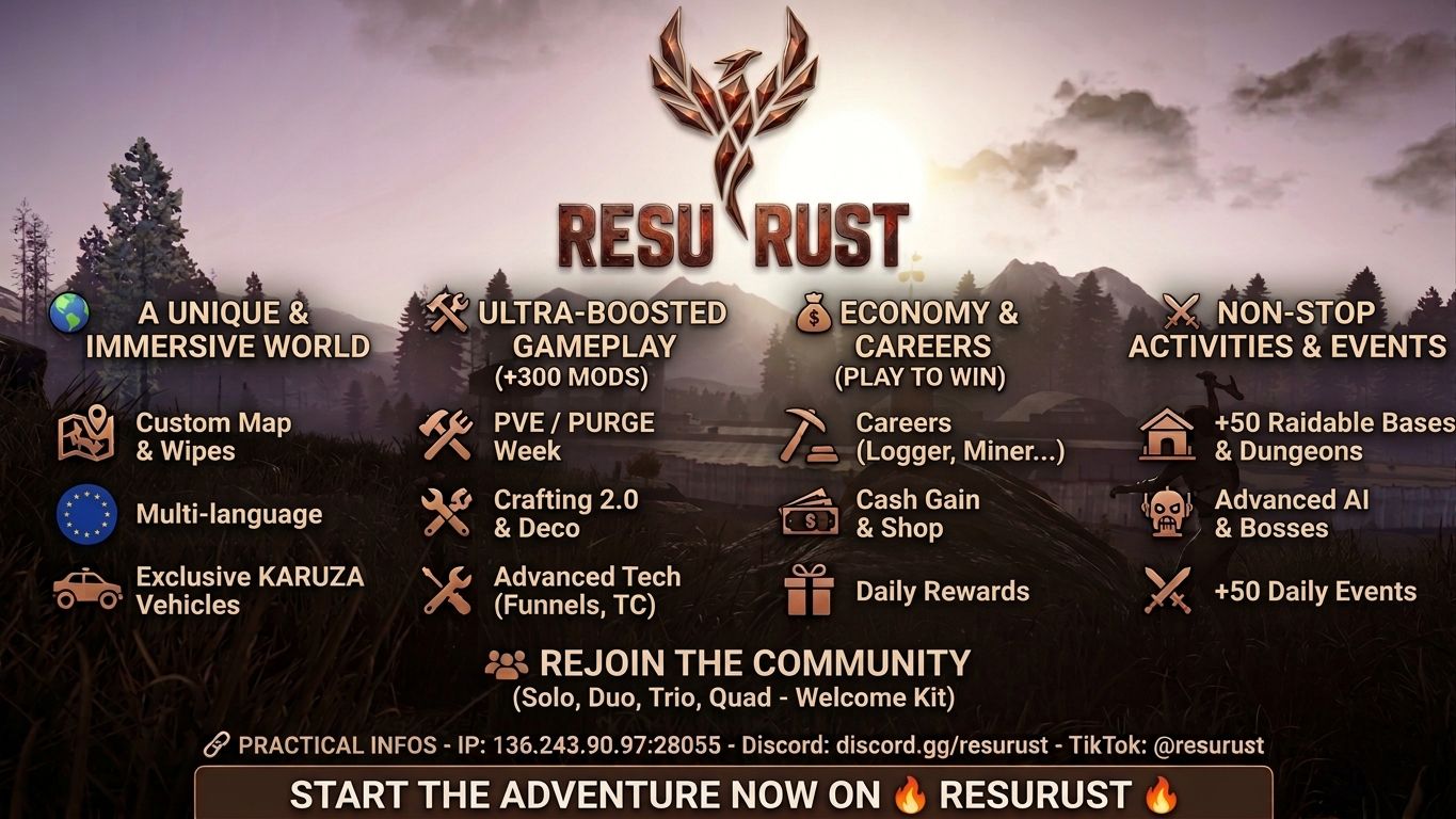 ResuRust | EU X3 PVE/EVENTS/ARENA/MODS/KARUZA - Rust Server