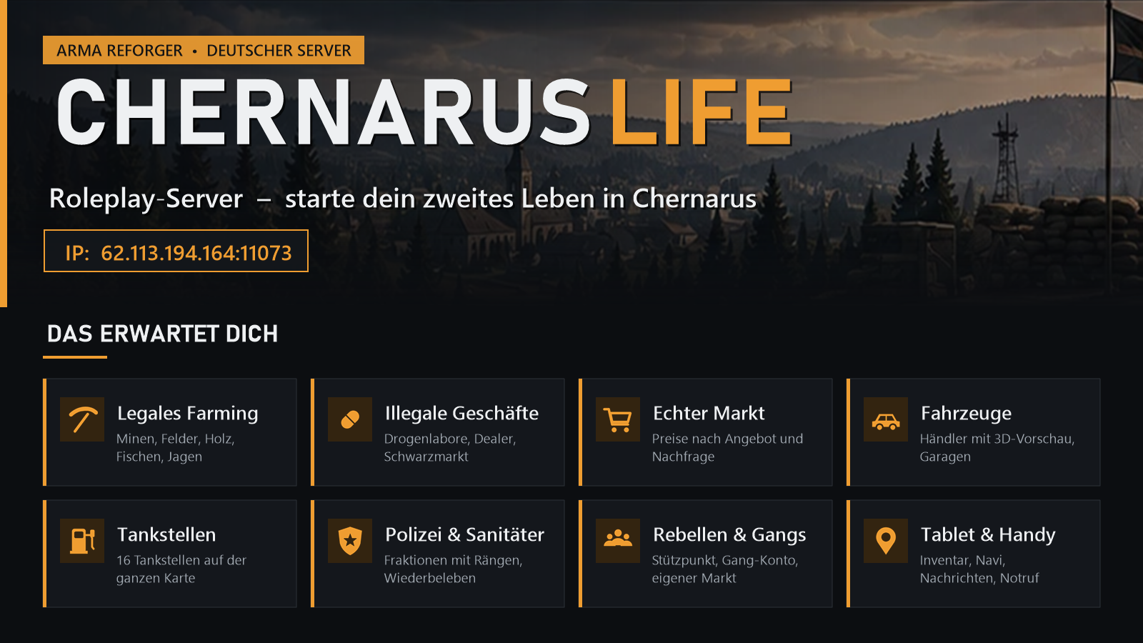[DE] Chernarus Life | Wilkommens Bonus • Roleplay • Marktsystem • Neue Autos • Tablet • Haus System - Server Arma Reforger