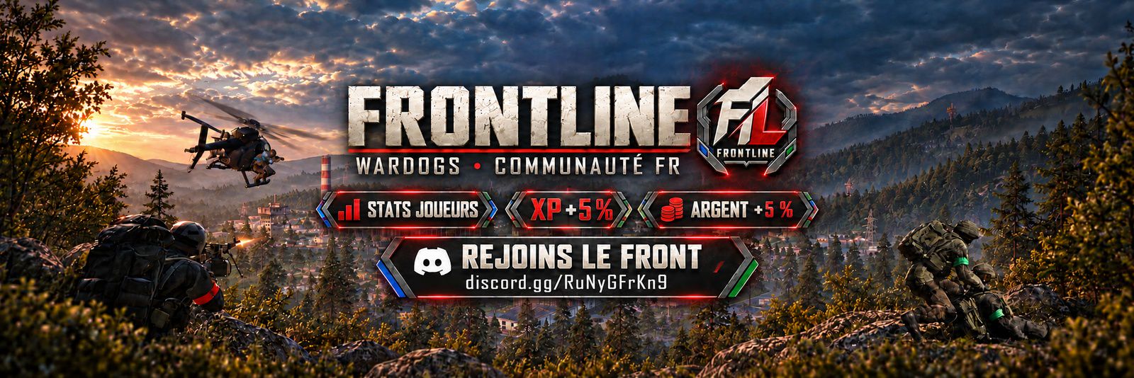 FRONTLINE | WARDOGS FR/EU | Stats · XP +5 % · Argent +5 % - Serveur Wardogs