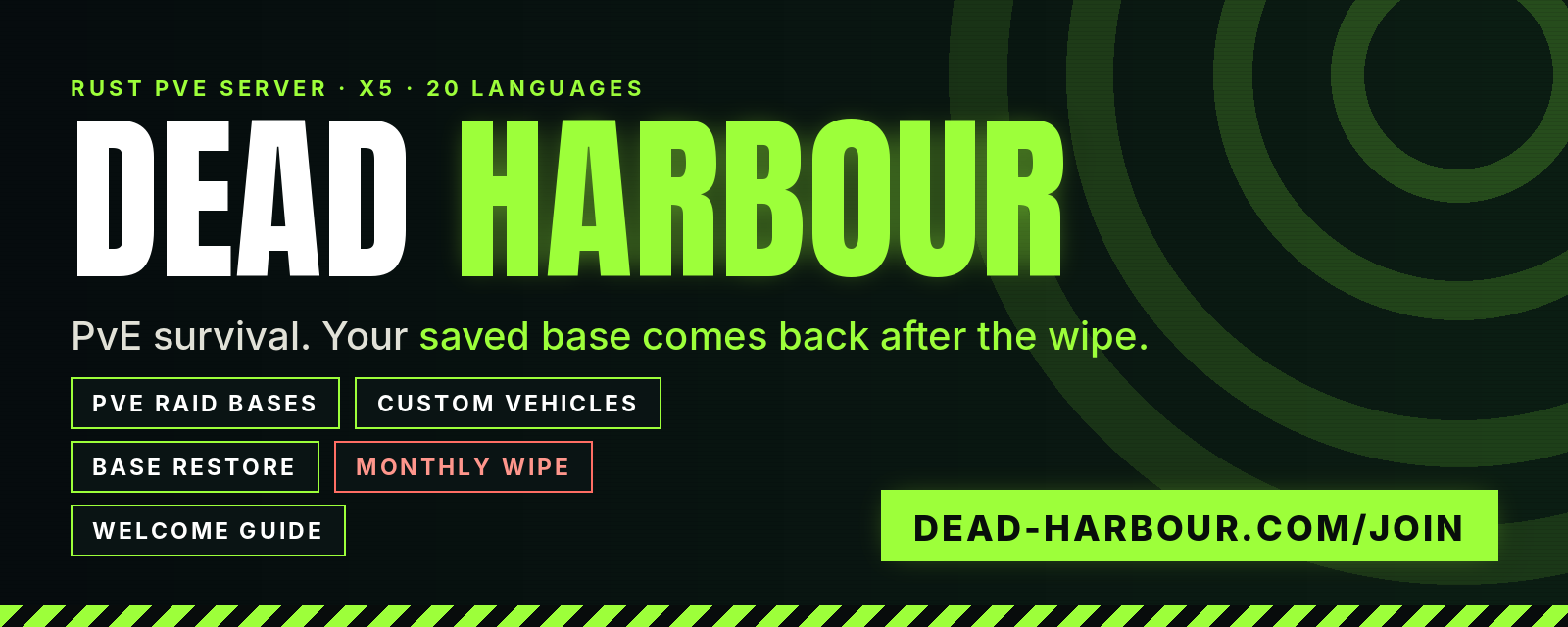 DEAD HARBOUR | Rust PvE x5 | Raids, Vehicles & Base Restore - Rust Server