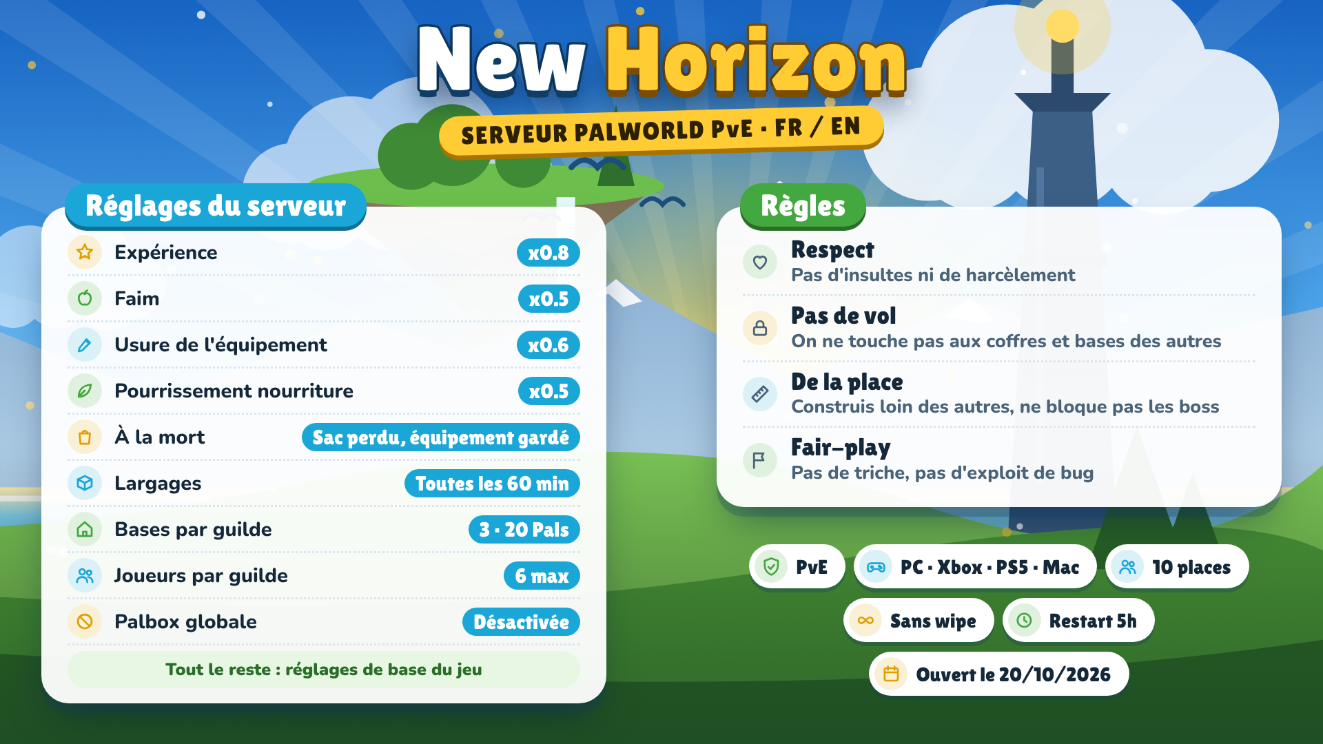 New Horizon | PvE - Crossplay [FR/EN] - Palworld Server
